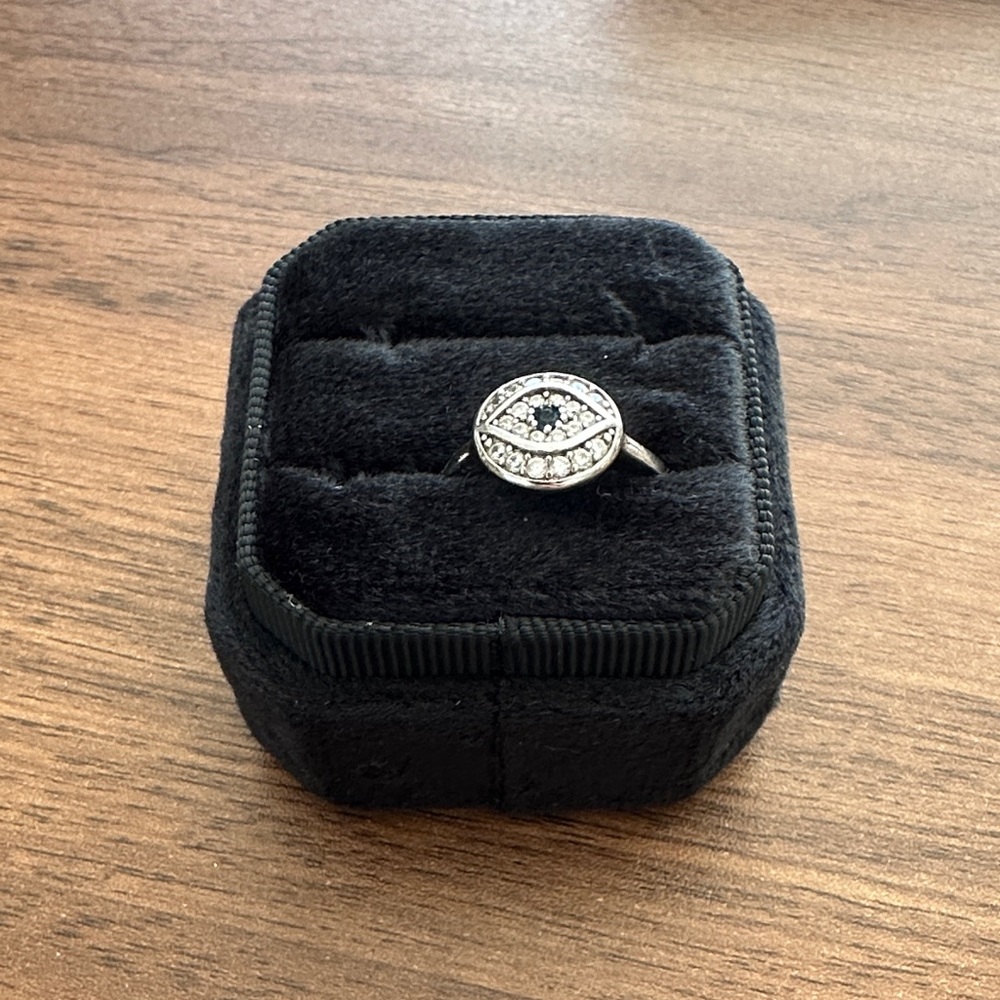 Silver Evil Eye Ring with Blue and White Stones
